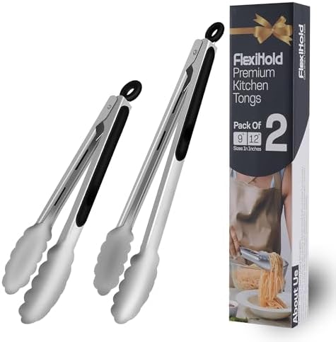 Stainless Steel Kitchen Tongs Set, 2 Pack by FlexiHold