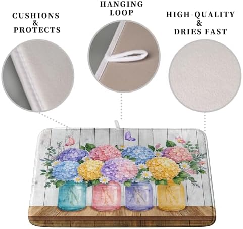 Hydrangea Dish Drying Mat for Kitchen Counter Spring Summer Floral Vases dish - Image 3