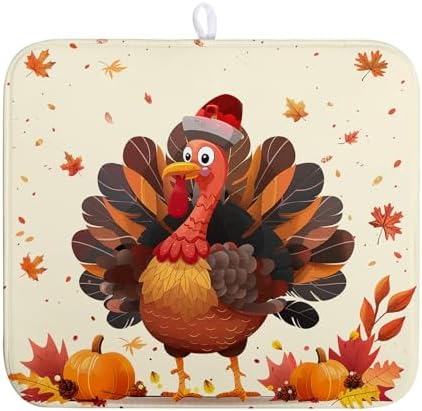 Thankgiving Dish Drying Mat for Kitchen Counter 16x18 Inch Fall Orange Turkey by Wnoesat
