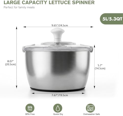 Greentainer 5.3QT Stainless Steel Salad Spinner, Hand-cranked Lettuce Spinner - Image 2