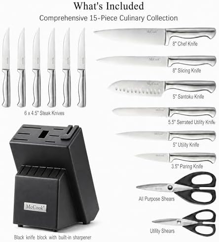 McCook Knife Set Sharp Kitchen Knife Block Set w Built-in Sharpener - Image 2