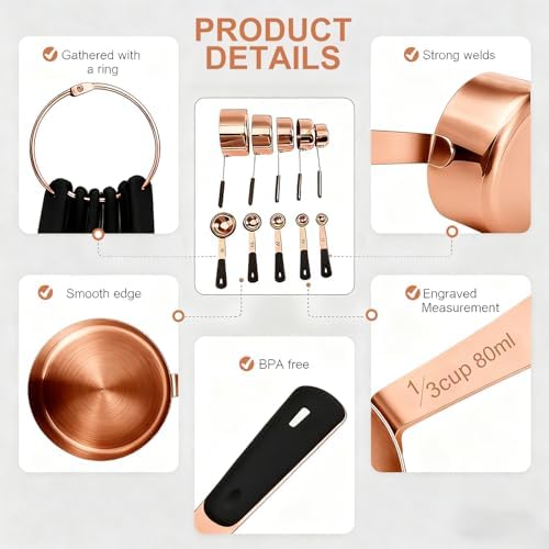 Bopei 10-Pcs Stainless Steel Measuring Cups & Spoons Set, Rose Gold - Image 3