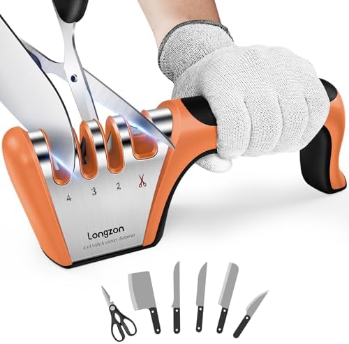 Longzon 5-in-1 Knife Sharpener 4 Stage and Cut-Resistant Glove by Longzon