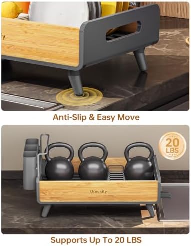 Urackify Modern Dish Rack for Kitchen Counter, Stainless Steel & Bamboo - Image 6