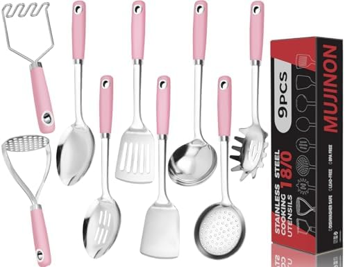 18/0 Stainless Steel Cooking Utensils Set, Heavy Duty Pink Handle by MUJINON