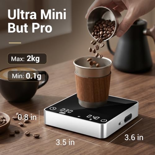 Mini Coffee Scale with Timer, 0.1g/2kg Rechargeable Espresso Scale, 4 Brewing - Image 2