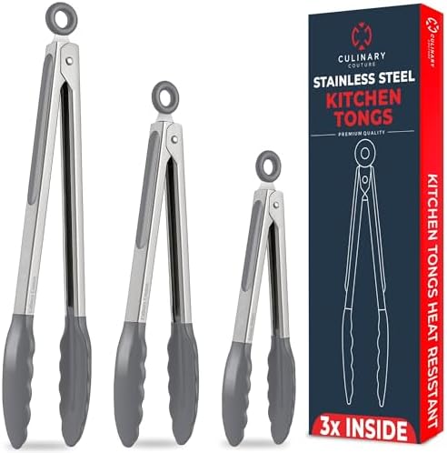 Kitchen Tongs - 12, 9 & 7 Inch Locking Silicone Tongs by CulinaryCouture