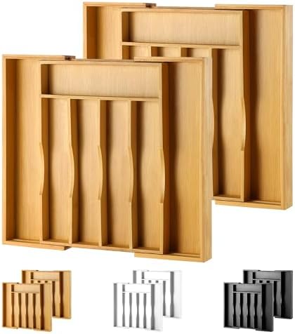 2-Piece Bamboo Silverware Organizer, Expandable Kitchen Drawer Organizer by oridom
