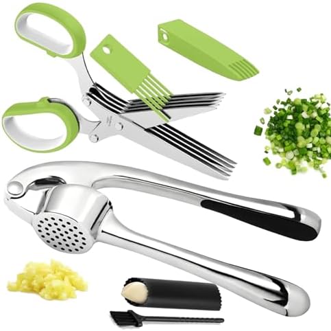 Garlic Press Stainless Steel, 2 in 1 Garlic Mincer & Herb Scissors, Dishwasher by MULIRE