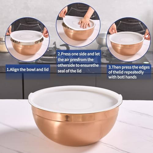 Rose Gold Mixing Bowls with Airtight Lids, Stainless Steel Nesting Mixing Bowls - Image 3