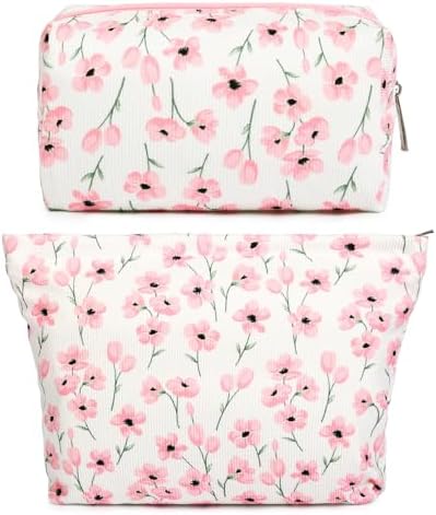SOIDRAM 2 Pieces Flower Makeup Bag Large Floral Cosmetic Bag Capacity Canvas by SOIDRAM