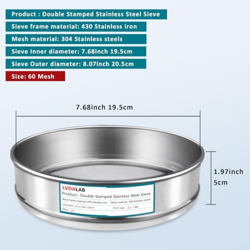7.9" 304 Stainless Steel Lab Sieve, 60 Mesh Screen Sifter - Image 2