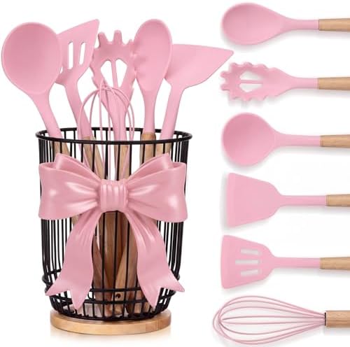 7 Pcs Pink Bow Kitchen Decor, Silicone Cooking Utensils Set by Ferrochef