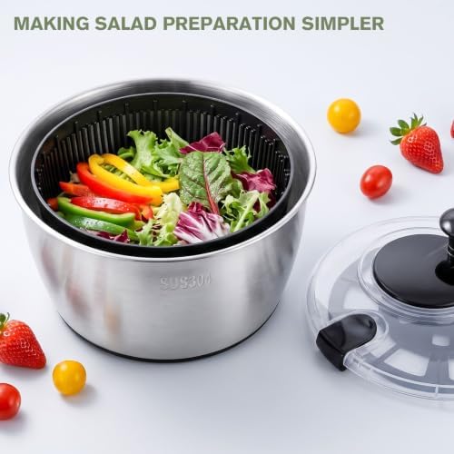 Greentainer 5.3QT Stainless Steel Salad Spinner, Hand-cranked Lettuce Spinner - Image 7