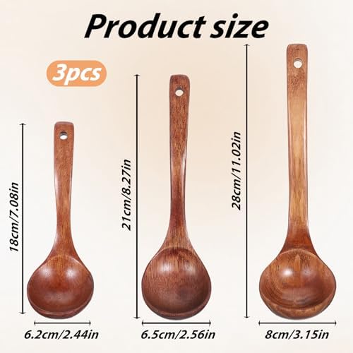 3 Size Wood Ladle Spoon with Back Hooks, Wooden Ladle - Image 2