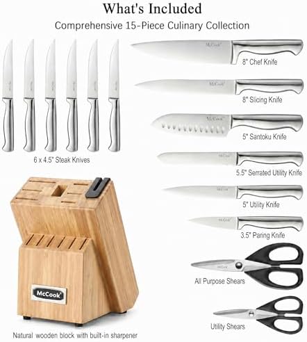 McCook Knife Set Kitchen Steel Knife Block Set w Built-in Sharpener - Image 2
