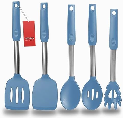 Silicone Spatula and Cooking Spoon, 5 Pack Solid & Slotted Spoons and Spatulas by VOVOLY