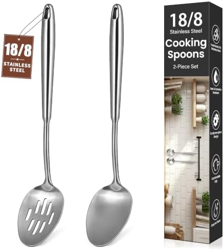 2 Pcs Stainless Steel Cooking Spoons Set, 304 Solid & Slotted Metal Serving by Unknown