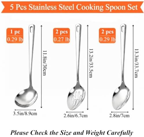5 Pcs Serving Spoon Set, Large Slotted Spoon Metal Soup Ladle - Image 2