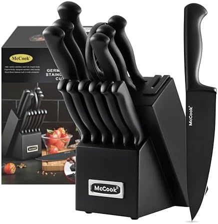 McCook Knife Set Black Kitchen Knife Block Set w Built-in Sharpener by McCook