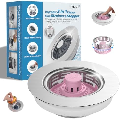 Hibbent 3 in 1 Kitchen Sink Drain Strainer, Metal Pop Up Stopper by Hibbent