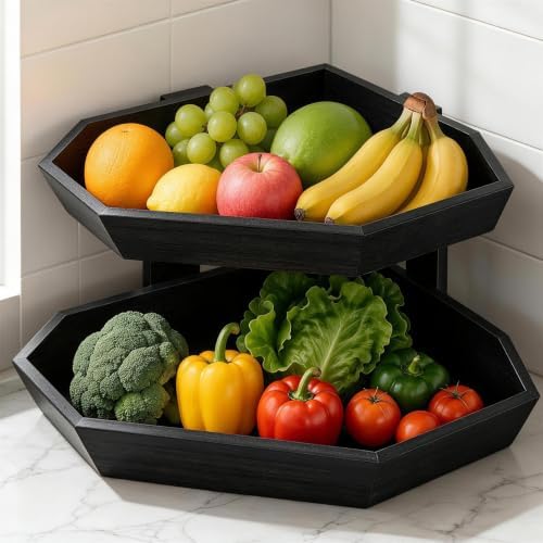 Wooden Fruit Basket for Kitchen Counter 2 Tier Fruit Bowl for Corner by Tequie