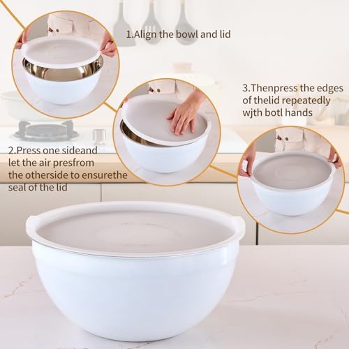 White Mixing Bowls with Airtight Lids, Stainless Steel Nesting Mixing Bowls Set - Image 3