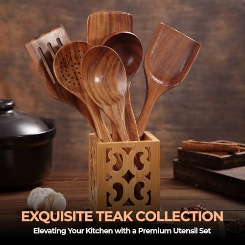 AIUHI Nonstick Natural Wooden Kitchen Utensils Set, Smooth Finish Teak Wood - Image 6