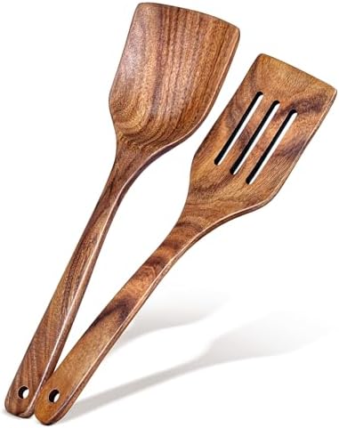 2Pcs Wooden Spatula, Acacia Solid & Slotted Turner Spatula Set, Long Handle by Unknown