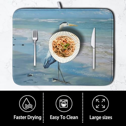 Summer Blue Dish Drying Mat for Kitchen Counter 16x18 Inch Heron Coastal Beach - Image 4