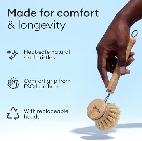 Vove Bamboo Dish Brush Replacement Heads 4-Pack, Natural Fiber Bristles - Image 4