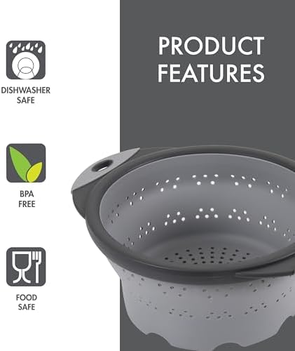 Dexas 8" Collapsible Silicone Colander in Cool Grey, Kitchen Strainer - Image 3