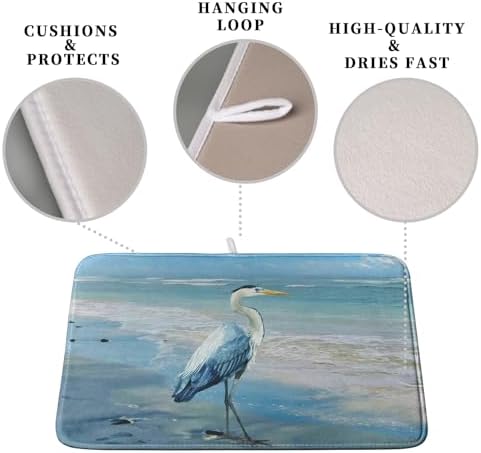 Summer Blue Dish Drying Mat for Kitchen Counter 16x18 Inch Heron Coastal Beach - Image 3