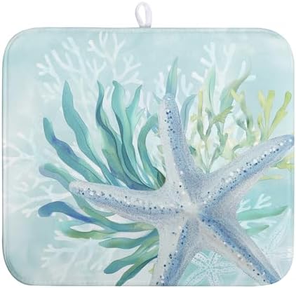 Summer Coastal Dish Drying Mat for Kitchen Counter Nautical Beach Starfish by Wnoesat