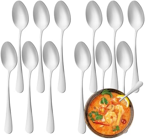 12 Pcs Dinner Spoons Set, Food-Grade Stainless Steel Tablespoons, Durable Metal by WISKEMA