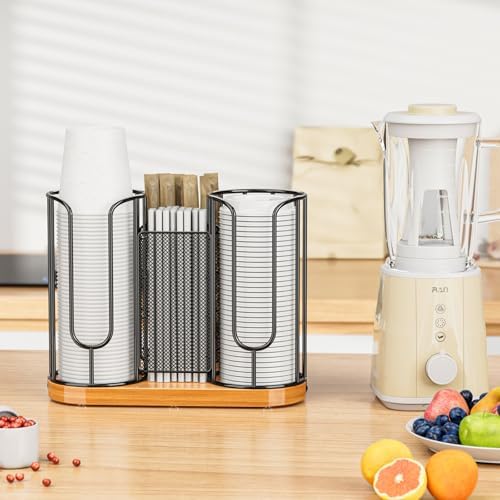 Coffee Cup and Lids Holder - 8oz-24oz Disposable Cups Organizer Wooden Base - Image 4