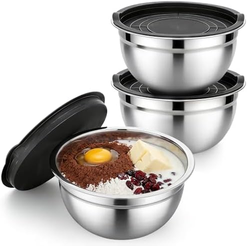Beasea Mixing Bowls with Lids Set of 3, 1.5 QT Stackable Stainless Steel Mixing by Beasea