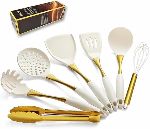 Elegant White Gold Silicone Cooking Utensils Set by Unknown
