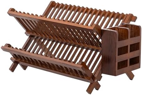 HBlife Dish Rack, Teak Folding 2-Tier Collapsible Drainer Dish Drying Rack by HBlife