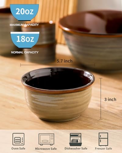 HASENSE Ceramic Cereal Bowls Set of 6, 20 oz Reactive Glaze Grey Soup Bowls - Image 3
