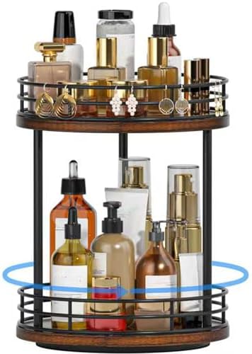 2-Tier Rotating Bathroom Countertop Organizer, Wooden Makeup Vanity Storage by Yelinkws