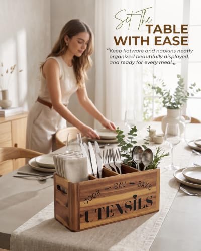 INSAGO Large Acacia Wood Kitchen Utensil Holder Organizer - Image 6