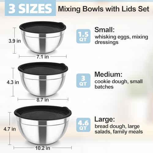 TeamFar Mixing Bowls, Stainless Steel Nesting Salad Bowls & Airtight Lids - Image 2