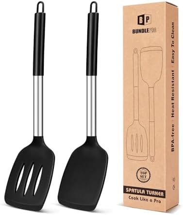 Pack of 2 Silicone Solid Turner, Non Stick Slotted Kitchen Spatulas, High Heat by BUNDLEPRO