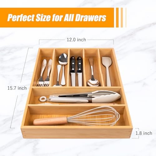 Bellsal Bamboo Silverware Drawer Organizer, Kitchen Utensil Drawer Organizers - Image 3