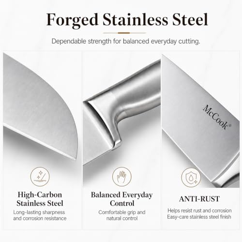 McCook Knife Set Kitchen Steel Knife Block Set w Built-in Sharpener - Image 5