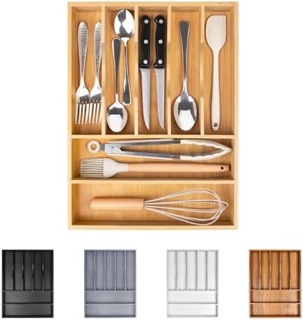 Bellsal Bamboo Silverware Drawer Organizer, Kitchen Utensil Drawer Organizers by Bellsal