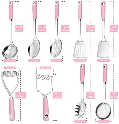18/0 Stainless Steel Cooking Utensils Set, Heavy Duty Pink Handle - Image 4