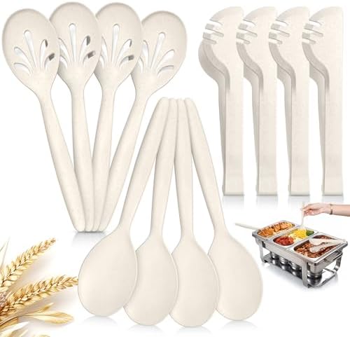 Reusable Plastic Serving Utensils Set of 12, Heavy Duty Wheat straw Large by RayPard