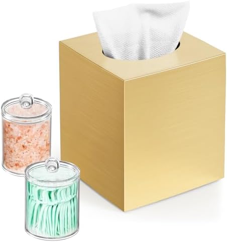 Square Tissue Box Cover with 2 Pcs Clear Qtip Holder Dispenser by Chintu